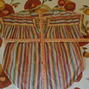 LOFT Red and Blue Button Down Shirt with Smocked Detail